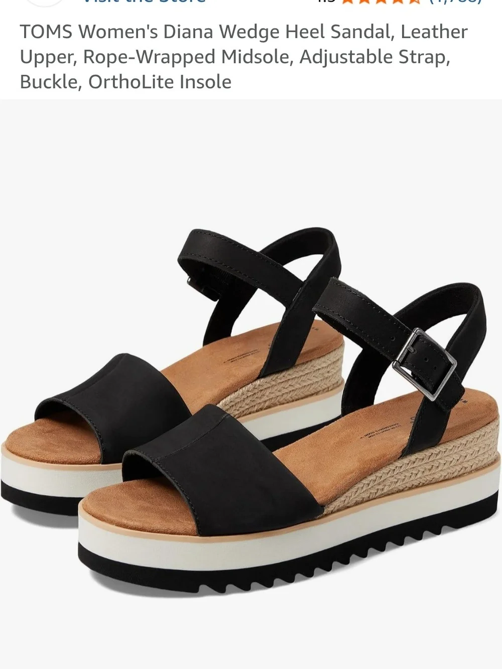NWOT TOMS Black Rope-Trim Wedge Sandals (Size 6.5)